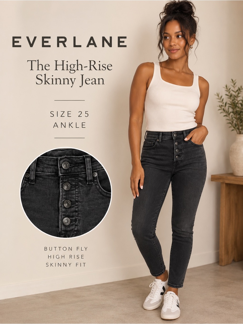 Everlane The High-Rise Skinny Jean Washed Black Button Fly Size 25 Ankle